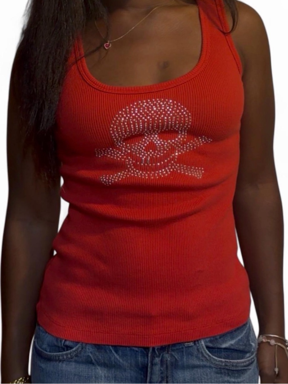 Red Ribbed Tank with Rhinestone Skull - Women's